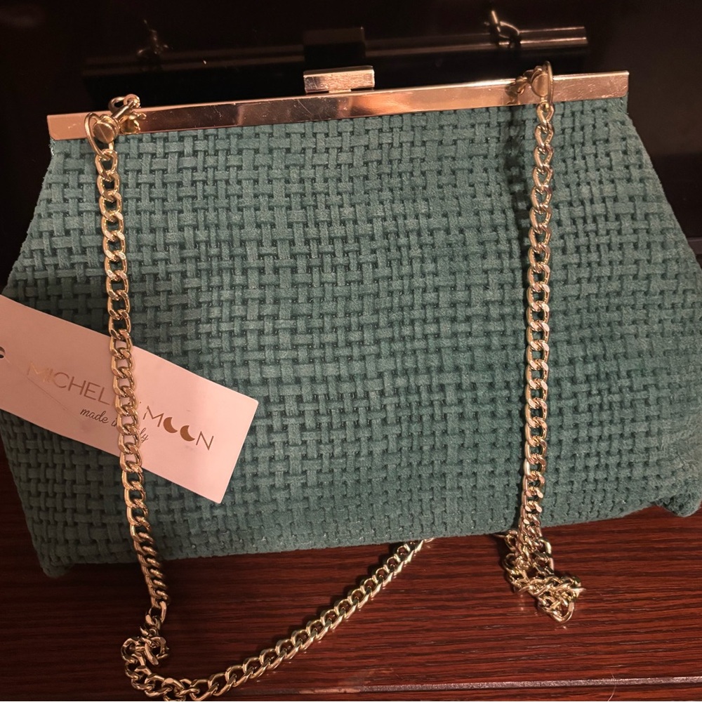 Michelle Moon Green  Woven Crossbody Bag with Gold Chain Detachable For Clutch